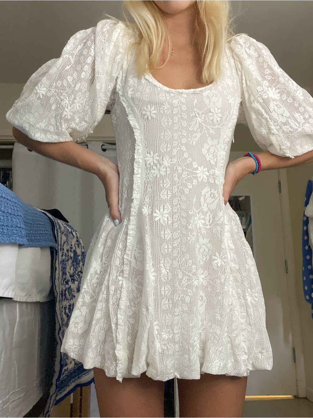 LoveShackFancy White Floral Lace Puff-Sleeve Mini Dress